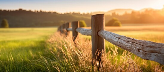 Morning light illuminates a rural farm fence with a copy space image of farmland and wild grass in the background