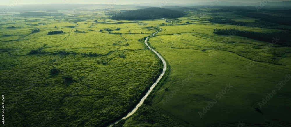 Poster aerial view of a path winding through vast fields with copy space image