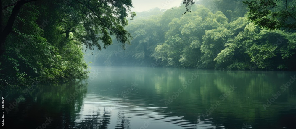 Poster tranquil lake in a peaceful forest setting with copy space image