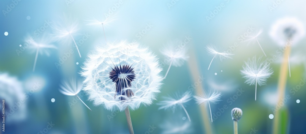 Poster macro shot of a white dandelion with seeds featuring a soft focus effect the background is naturally