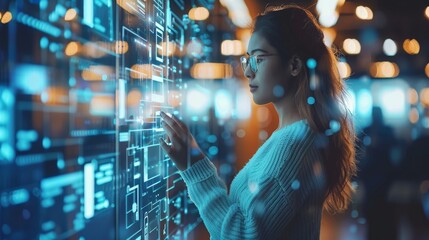 A woman is looking at a computer screen with a blue background