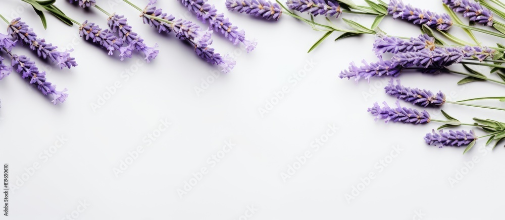 Poster flat lay concept featuring a creative mockup layout of lavender branches on a table with a designate