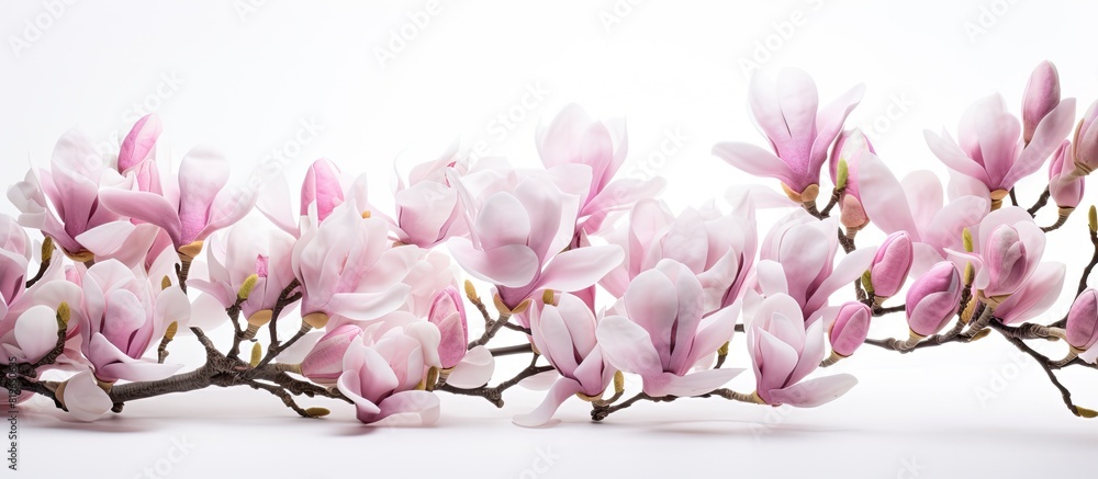 Poster Magnolia tree flowers and blossoms on a white background with copy space image