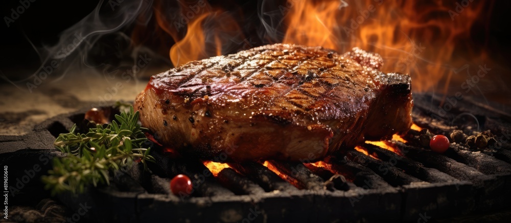 Poster a succulent pork steak sizzling on the grill with a beautiful charred crust eager to be devoured set