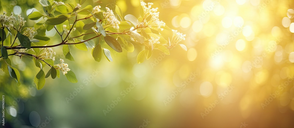 Poster sunlight filters through blurry golden rays casting a soft sparkle on spring branches of old green t