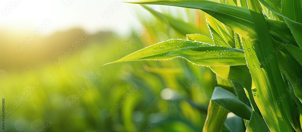 Aufkleber closeup of corn on the stalk in a serene corn field with ample copy space image available