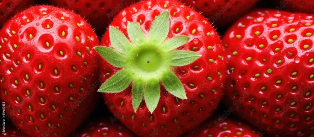 Poster macro view of the abstract natural texture of a ripe strawberry on a bush in the garden depicting su