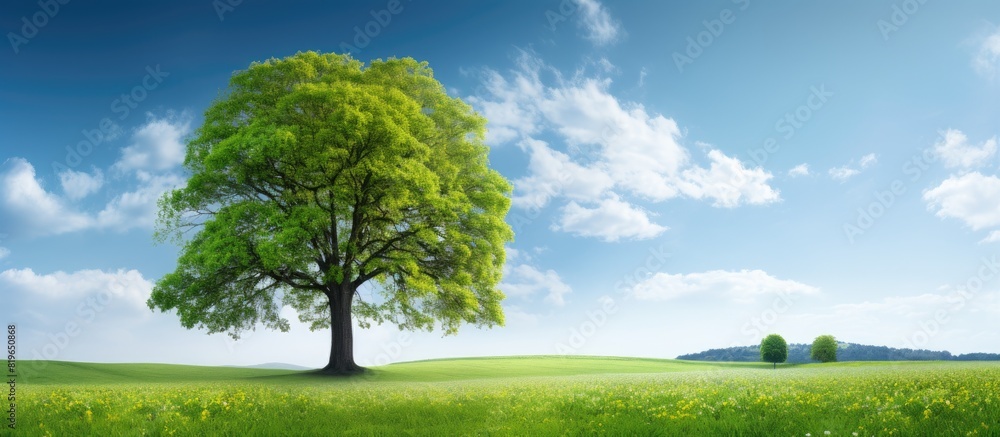 Poster lush spring meadow featuring a large tree adorned with bright green leaves against a vibrant backdro