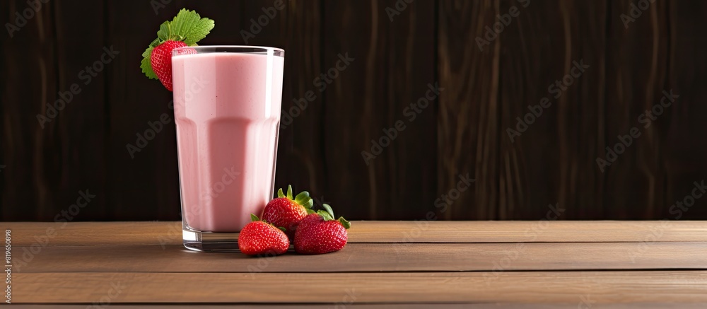 Poster vanilla strawberry smoothie displayed on wooden table with copy space image