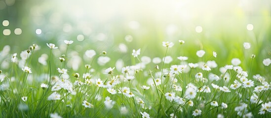 Soft focus enhances the beauty of a grassy background featuring delicate white small flowers ideal for a copy space image