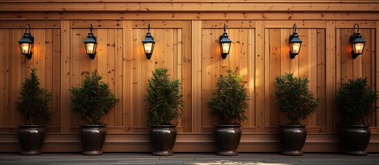 Wooden vases holding evergreen thujas line the building s facade accompanied by lanterns in a vertical copy space image