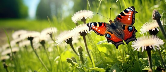 A Rusalka peacock butterfly perched on a meadow with copy space image