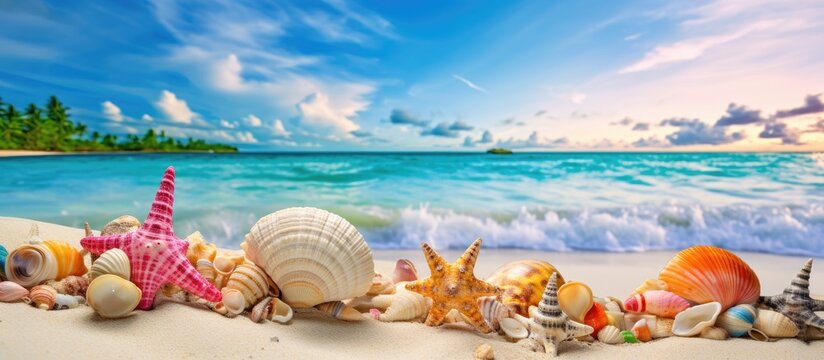 Seashells and seaweed in vibrant colors on a tropical beach with copy space image