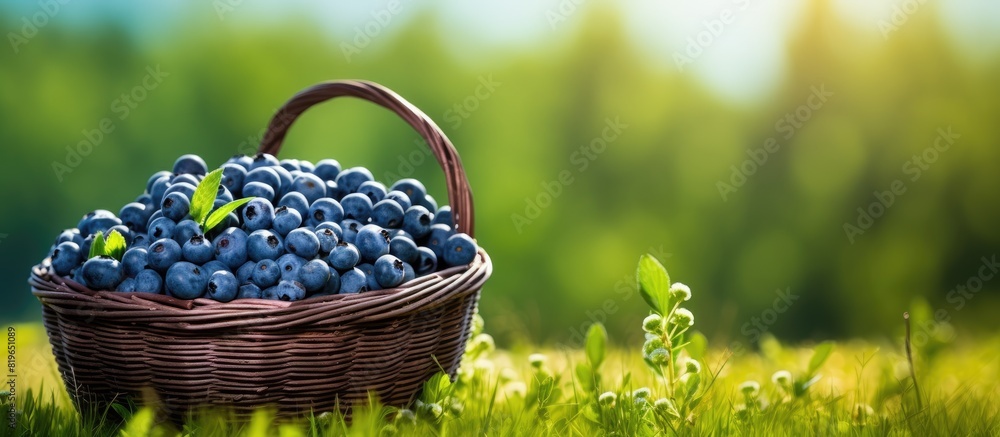 Aufkleber blueberries placed in a rustic wicker basket set against a backdrop of lush green grass creating a s