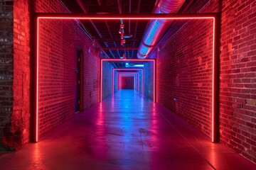 Neon light frame illuminating brick wall in industrial space