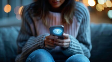 Fototapeta premium A woman is looking at her phone with a chat bubble on the screen