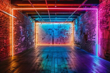 Modern art installation with neon frame in brick setting
