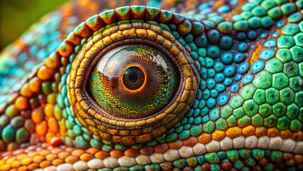 Close-up of a chameleon's eye, revealing intricate patterns and ability to swivel independently