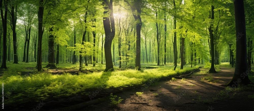 Poster Lush deciduous forest with sunlight filtering through trees creating a natural green backdrop with copy space image