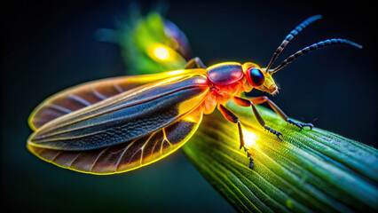 Close-up of a firefly glowing in the dark, with its light patterns visible against a clear background