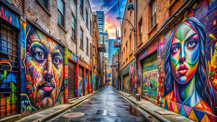 Panoramic view of a street art alleyway with graffiti murals covering both sides, creating an immersive urban experience