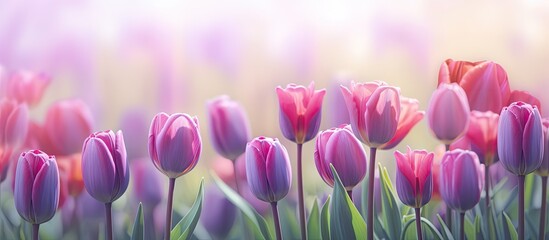 Vibrant spring tulips in garden with a soft violet background ideal for copy space image