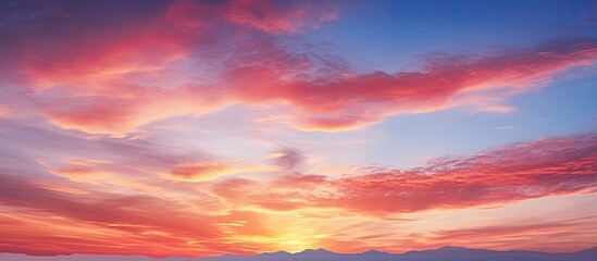 Fototapeta premium Romantic summer sunset sky with red orange yellow and purple hues during the golden hour after sundown creating a picturesque twilight scene with copy space image