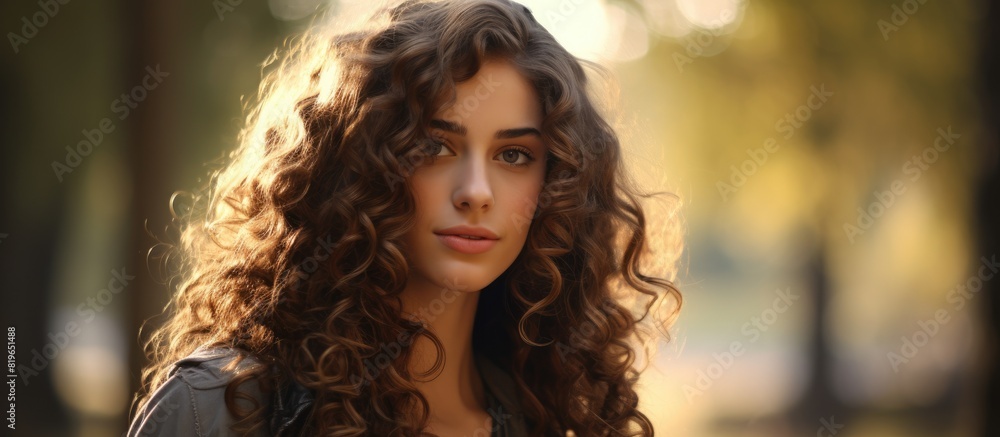 Poster a young woman with curly hair in a park setting with a background suitable for adding text or images