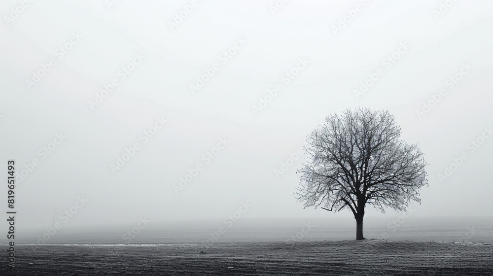 Poster solitary tree in misty field. a solitary tree stands in a misty field, its branches silhouetted agai