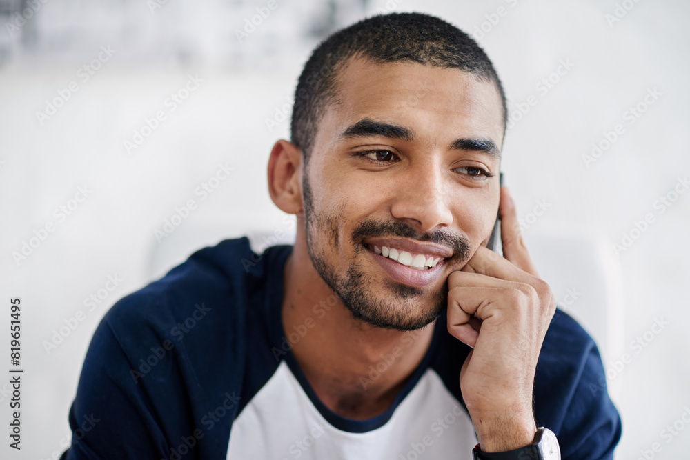 Poster businessman, phone call and happy with communication in office for networking, conversation and chat