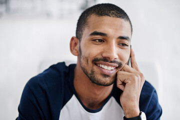 Businessman, phone call and happy with communication in office for networking, conversation and chat. Creative person, designer and smartphone with discussion, talking and consulting in workplace