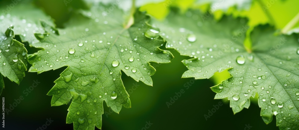 Poster a close up image showing downy mildew on green grape leaves with copy space