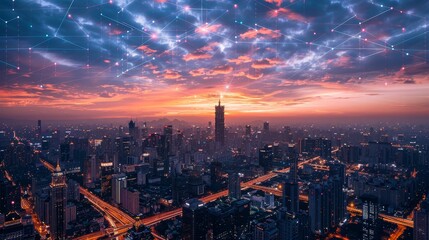 Fototapeta premium A city skyline with a beautiful sunset in the background