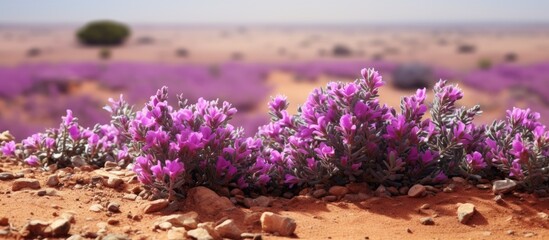 Obraz premium Natural bushes adorned with blooming purple colored flowers on soil background creating a picturesque scene with copy space image