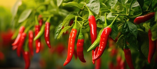 Vibrant red and green fresh chili peppers adorning the garden after a morning rain creating a colorful display for capturing stunning photos with ample copy space image