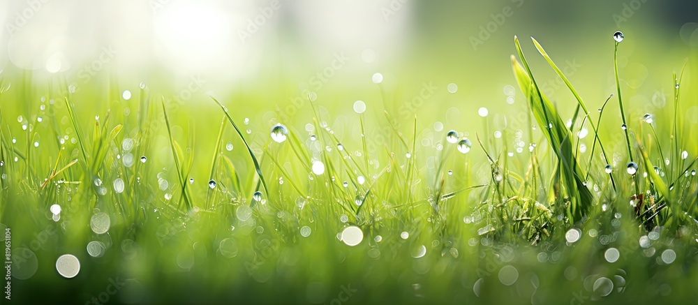 Aufkleber lush green grass adorned with sparkling water droplets in a serene setting providing a fresh and rej