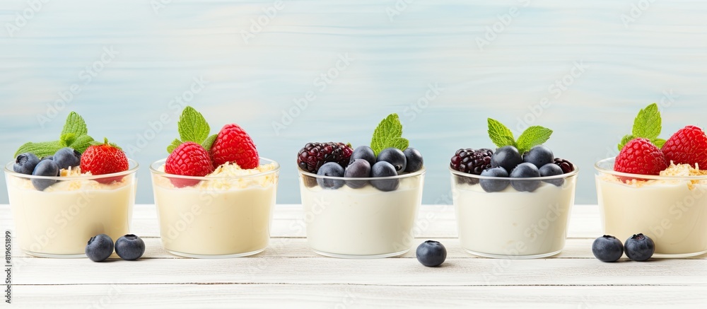 Canvas Prints Vanilla dessert cups with fresh berries on white wooden background with copy space image