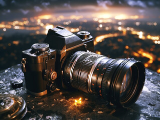 A vintage camera with a lens on a wet surface, city lights in the background, concept of photography. Generative AI