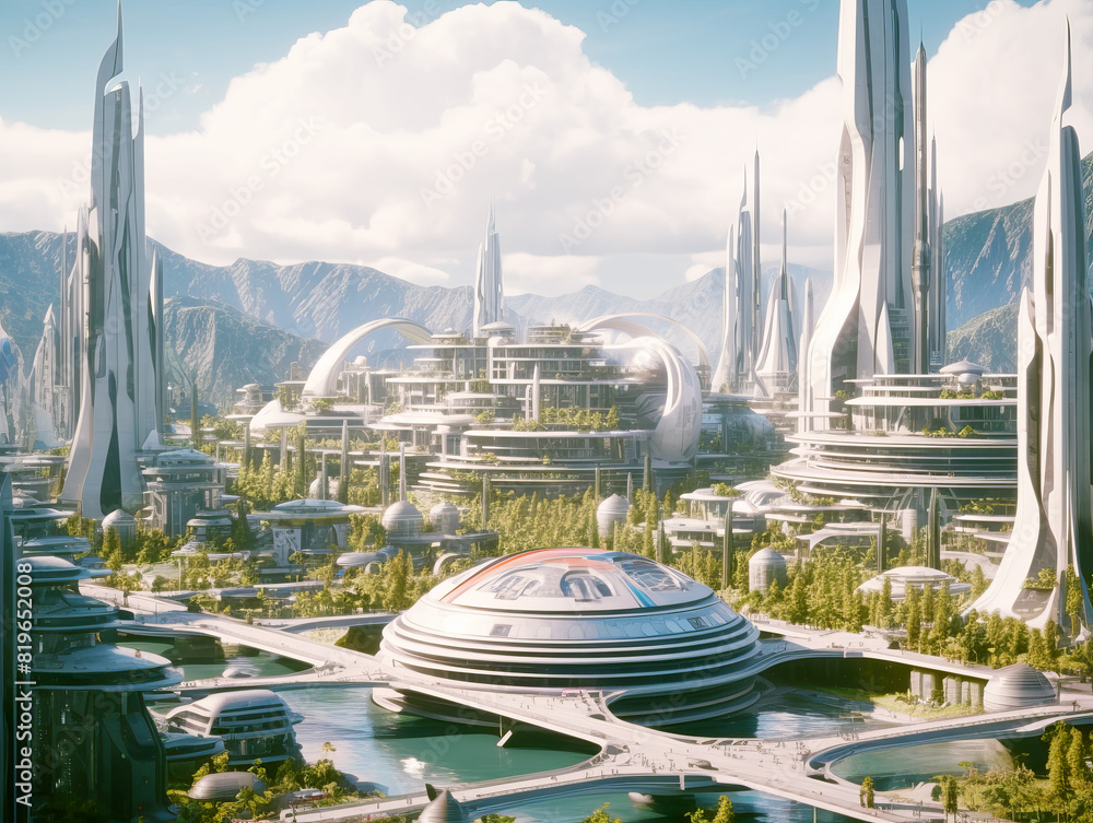 Poster futuristic city with advanced architecture amidst mountains, depicting a utopian urban landscape. ge