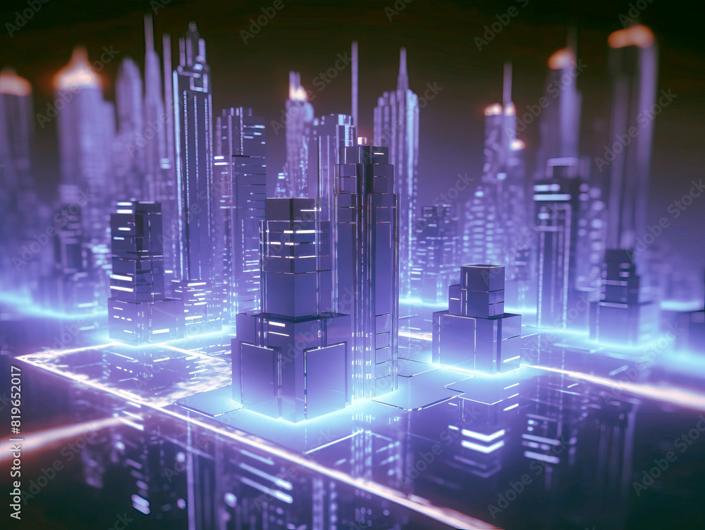 Poster an illuminated futuristic cityscape with glowing blue lights and buildings on a dark background, con