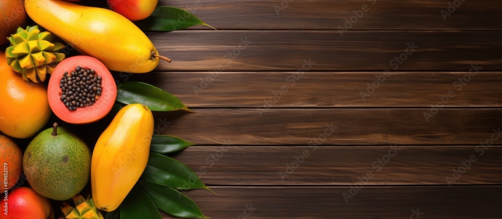 Poster tropical fruits like mango and papaya displayed on a wooden background in a top view setting with co