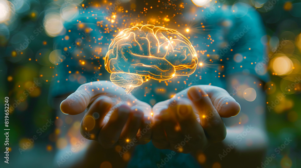 Poster glowing brain illustration held by hands against a bokeh light background, symbolizing ideas or cogn