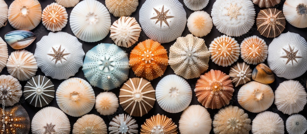 Aufkleber a collection of sea urchin shells arranged as a natural background with copy space image