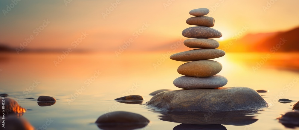 Poster achieve zen and peace by balancing a stone on a stack of rocks against a sunset background in the ev