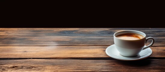 A hot cup of coffee sits on a weathered table with space for text or images. Copy space image. Place for adding text and design