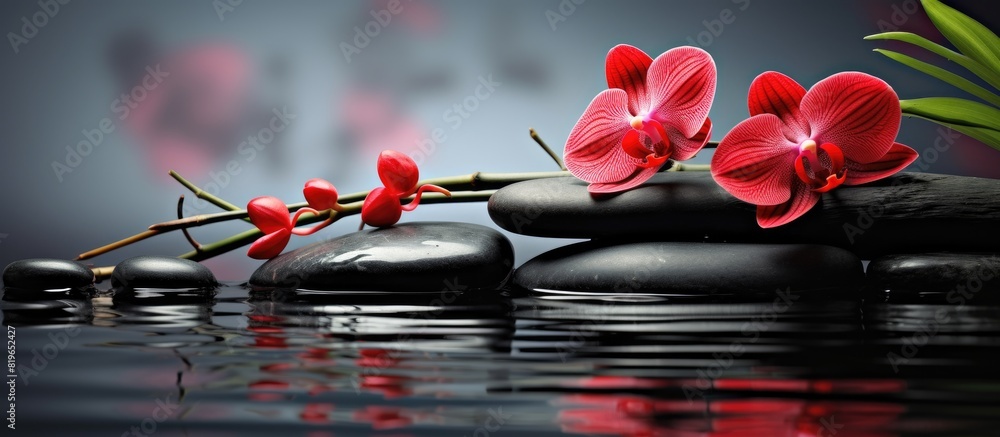 Wall mural spa themed still life composition featuring a red orchid bamboo stem and black zen stones on a wet s