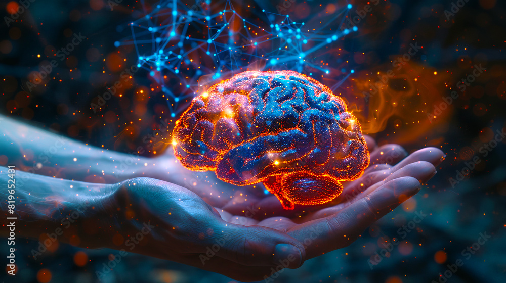 Aufkleber a glowing digital brain floats above a human hand against a dark background with lights, concept of 