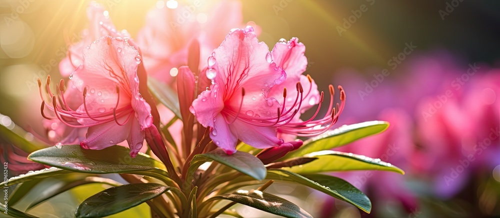 Sticker Vibrant pink rhododendron with bright sunlight highlighting its details captured in a macro close up shot with copy space image