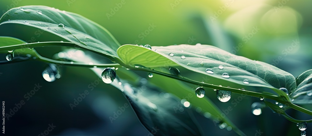 Poster water drops on leaves create a multiple exposure natural background abstraction with copy space imag