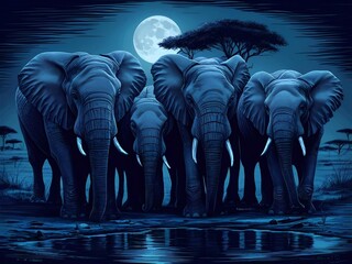 African Elephants drinking at a waterhole in the bush under a full moon